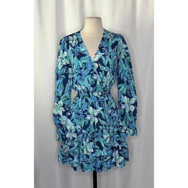 LILLY PULITZER Cristiana Dress‎ High Tide Navy Take It Or Leaf It Smocked 0 - Image 2