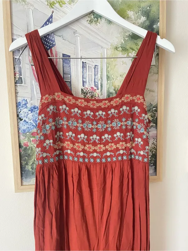Natural Life Rust Boho Embroidered Wide Leg Jumpsuit Ruffle Hem Size Medium - Image 5