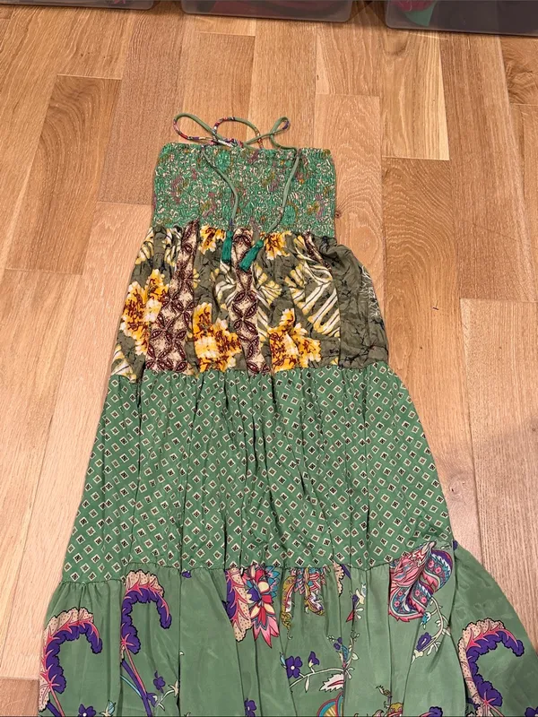 Karma Highway Green Floral‎ Patchwork Maxi Dress with Smocked Bodice tie neck OS - Image 3