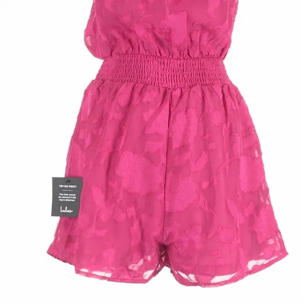 Lulus Here for the Fun Magenta Burnout Floral Jacquard Romper XS Coquette - Image 6