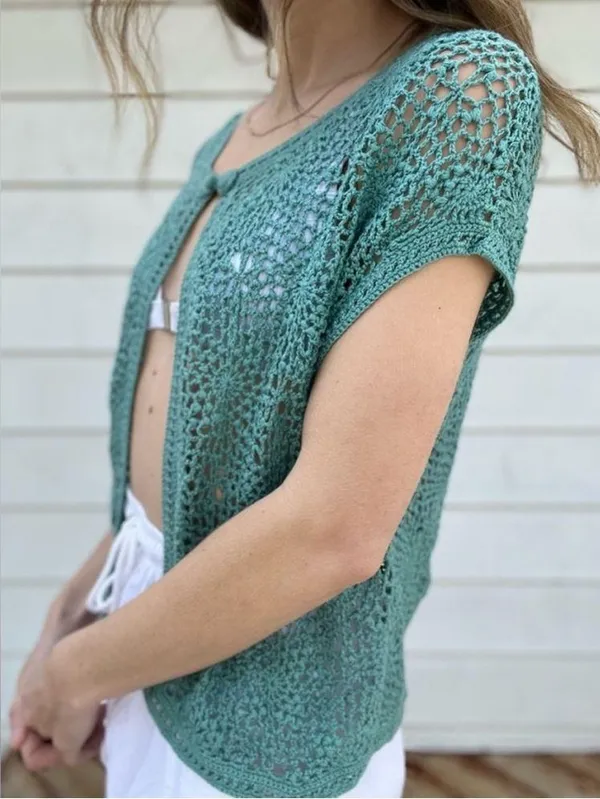 Y2K Teal Crochet Short Sleeve Cardigan Coverup Button Closure - Image 3