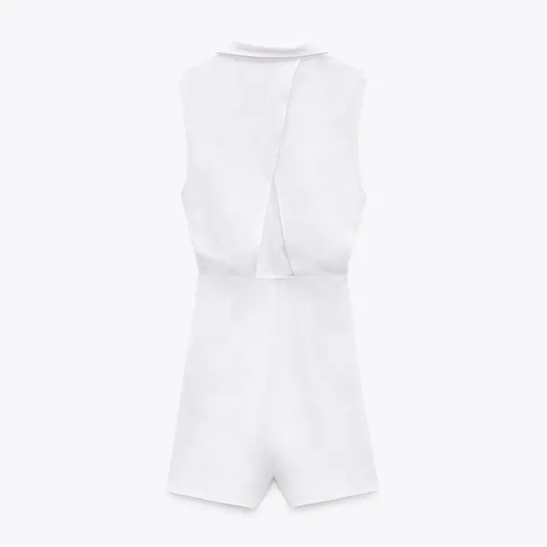linen romper tie front collar vneck wrap jumpsuit skort lapel vneck dress - Image 7