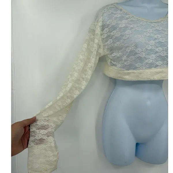 Y2K Sheer Lace Crop Top Sz XL Cream Festival Coquette Long Sleeve Fairy Grunge - Image 4