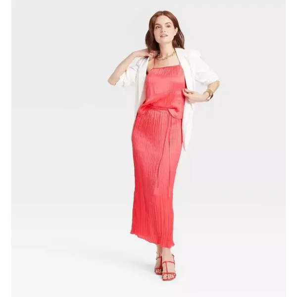 A New Day Women's Textured Crinkle Satin Midi Skirt Coral S NWT - Image 3