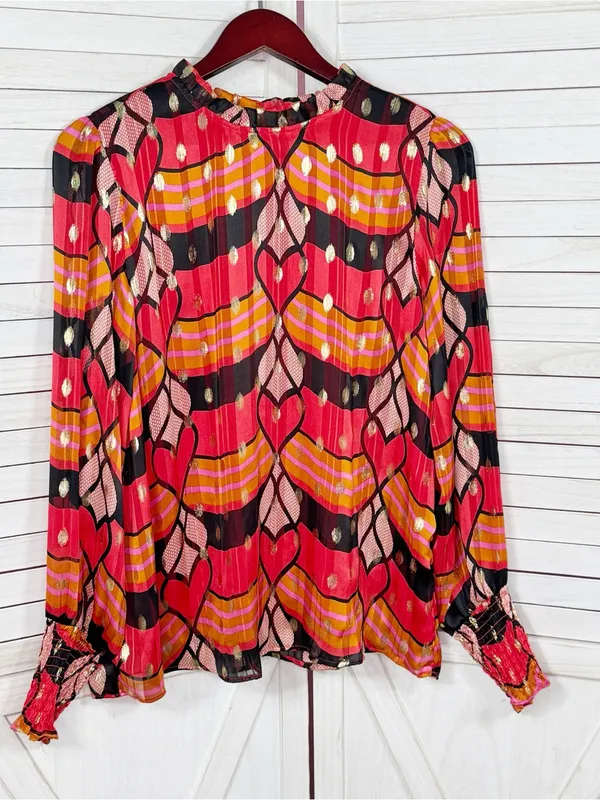 J Joie Printed Metallic Polka Dot Blouse Red Black‎ Pink Multi Large Smocked - Image 7