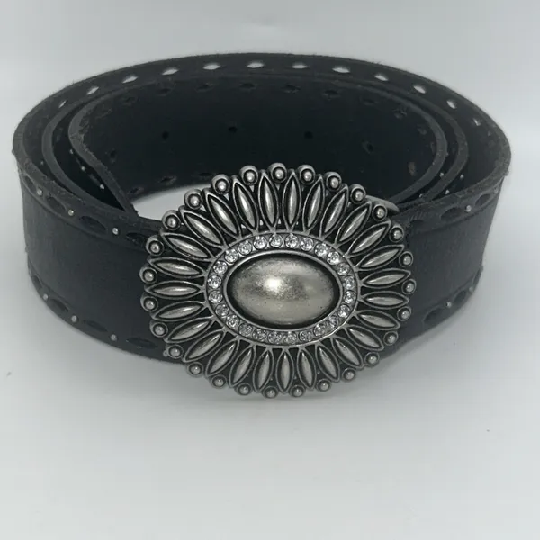Fossil Genuine Leather Boho Southwestern Belt Bronze Rhinestone Buckle Black‎ L - Image 4