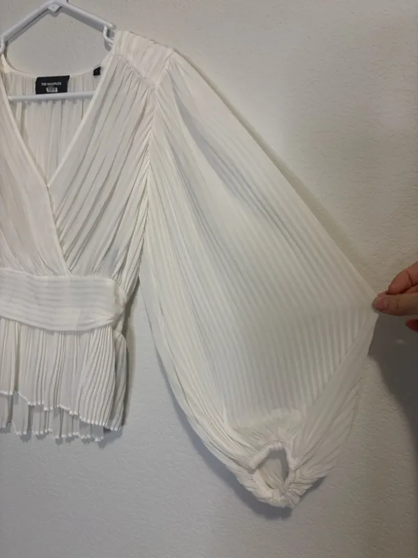 The Kooples semi sheer white Pleated peplum faux wrap Blouse - Image 3