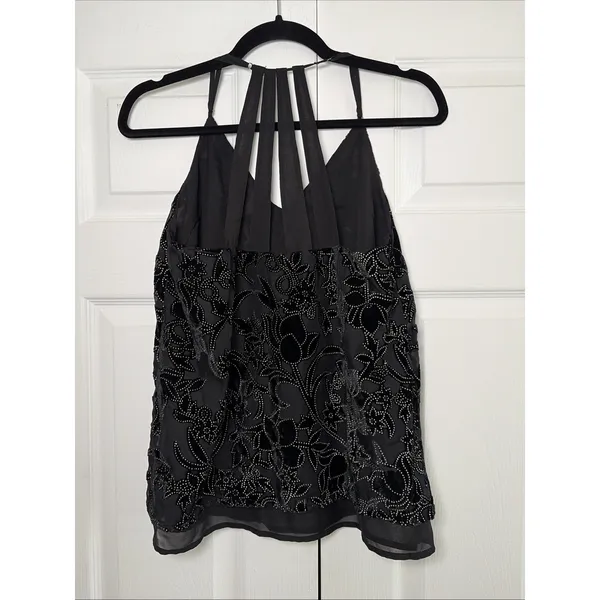 Lucky Brand Burnout Velvet Cami Womens Size M Black Floral Strappy Cage Back Top - Image 2
