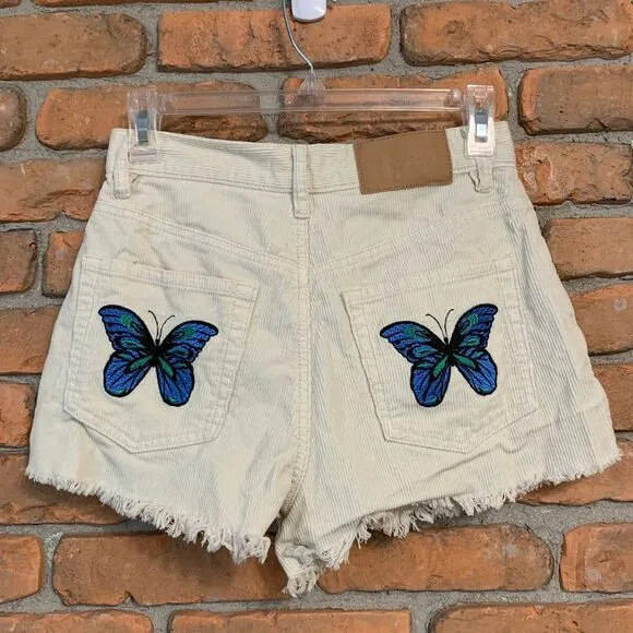 PacSun Womens 26 Shorts Cream Corduroy‎ Butterfly High Rise Vintage Style Cotton - Image 3