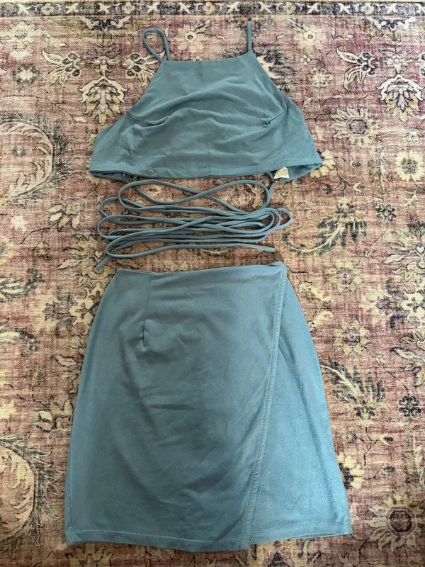 Lucy in the Sky Suede Two-Piece Baby Blue Set Skirt and Tie Around Top - Image 3
