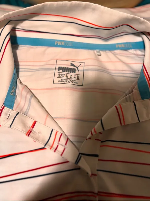 PUMA women’s White Striped Polo Shirt with fuscia, orange &Navy Accents size XL - Image 3