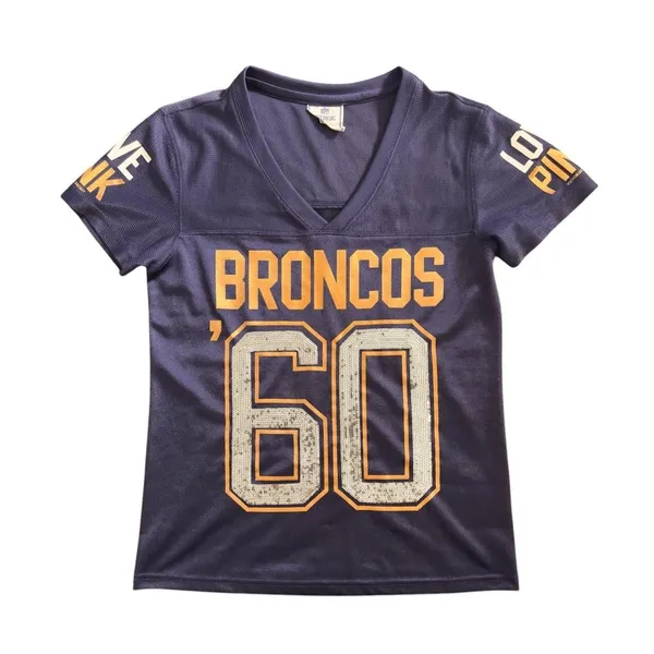 PINK NFL Broncos Womens Blue Sequin Glitter Jersey‎ Sporty Fanwear Size XS - Image 6