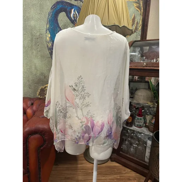 Viola Borghi Italy 100% Silk Floral Boho Kimono Blouse Top White Pink L Large - Image 6