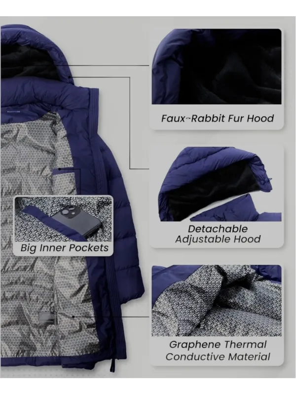 NEW Thermal Lightweight Down Jacket Long Puffer Hiking Coat Detachable Hood XL - Image 5
