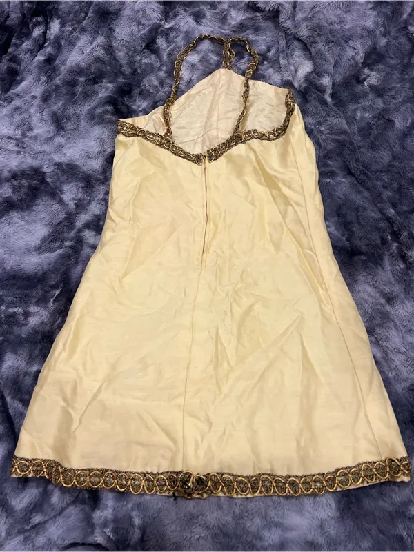 Vintage Strapless Pale Yellow Dress with Gold Chain Trim - Image 2