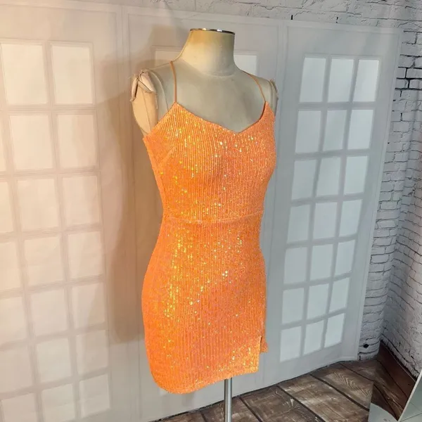 Windsor NWT Dazzle Down Sequin Lace-Up Mini Dress in peach size medium - Image 6