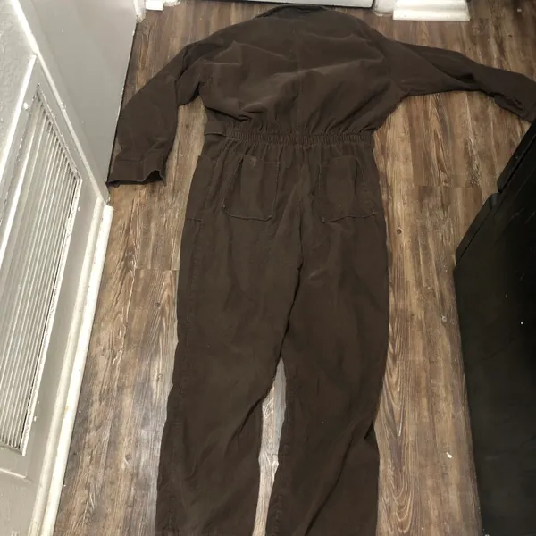 Vintage 80s/90s chocolate Brown corduroy wide leg long sleeve utility jumpsuit with cinched waist - Image 6