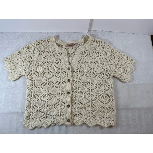 Willow & Root Diamond Pointelle Cardigan Sweater Cream Sz M Cottagecore Boho Top - Image 5
