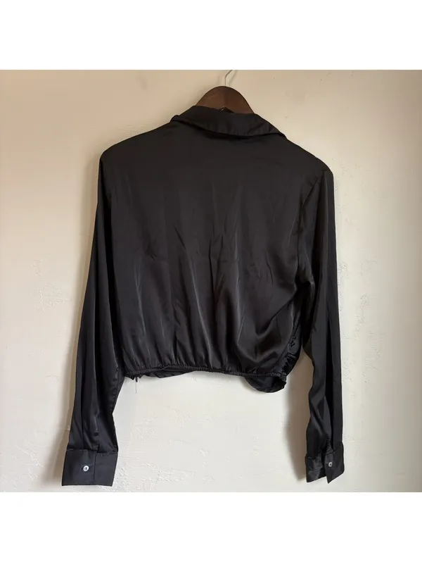 Signature 8 Black Satin Twist Front Cropped Blouse Long Sleeve Top Size M - Image 5