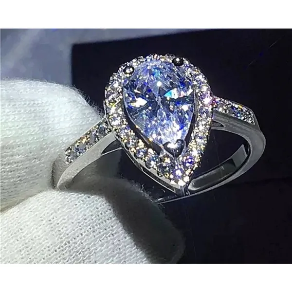 3ct Pear Halo‎ Ring | Rhodium Plated 925 Sterling Silver - Image 11