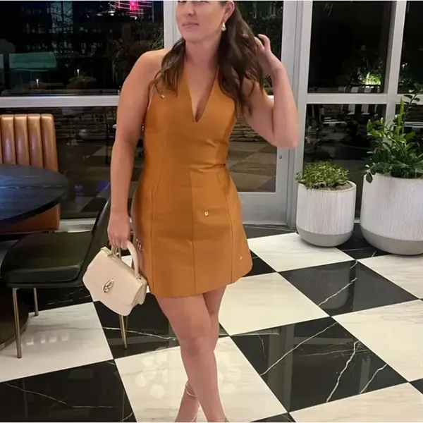 Romy Copper Halter Mini Cocktail Dress MEDIUM Satin Party Backless Designer $310 - Image 6