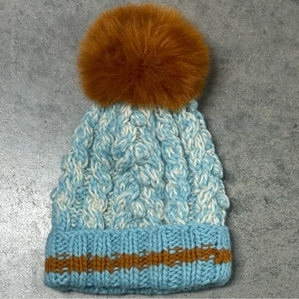 Free People Happy‎ Trails Beanie Winter Hat Blue Brown Puff Faux Fur - Image 2