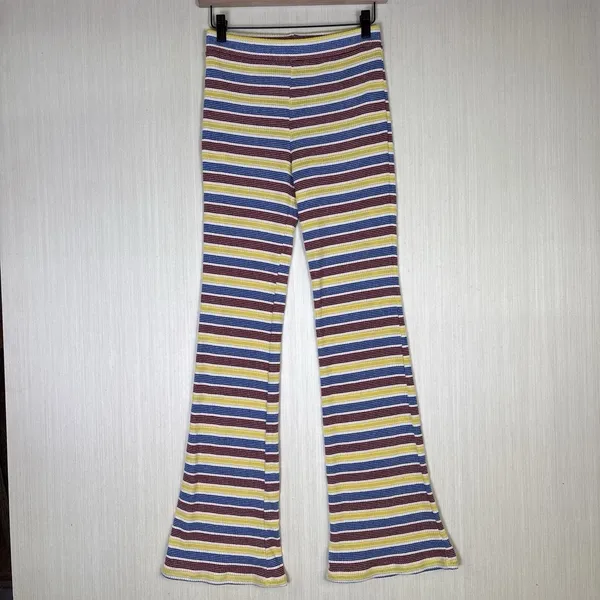 Zara Pants‎ Womens Sz S Knit Striped Colorful Pull On Yellow Red Blue Ribbed - Image 4