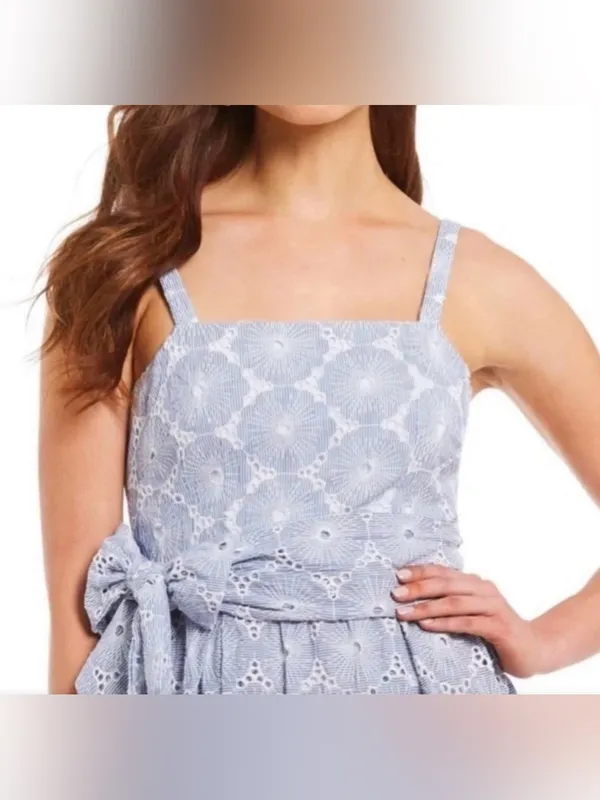NWT ANTONIO MELANI Light Blue Eyelet Midi Dress with Waist Tie - Image 3
