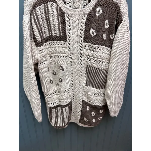 CHAUS Women's Size M Patchwork Knit Sweater Cream‎ Brown Cable Knit - Image 2