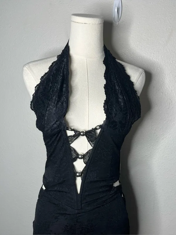 NEW Outcast Lace Up Halter Jenna Jumpsuit in Black Floral Lace - Image 4