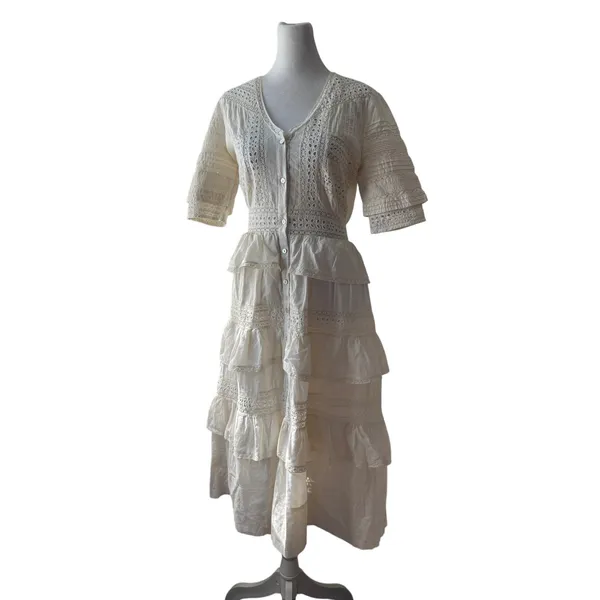 LoveShackFancy Rebecca 100% Cotton White Lace Embroidered Tiered Midi Dress - Image 6