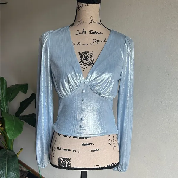 Anthropologie Flat White Shine Blue Iridescent Blouse Size XS NWT - Image 7