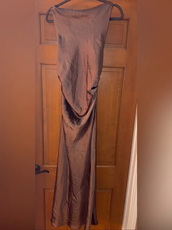 House of Harlow Brown Satin Cowl Criss Cross Back Maxi Dress XL New - Image 5