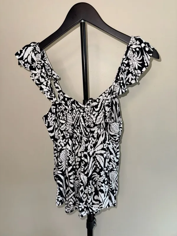 LOFT Black and White Tropical Print Smocked Ruffle Strap Tank Top-S - Image 2