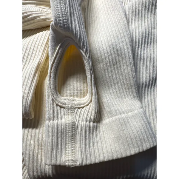Ribbed‎ Long Sleeve Crop Top Thumbhole Leggings Set Workout Athleisure Cream M - Image 5