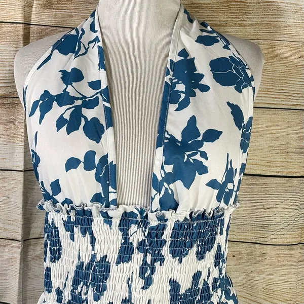 SheIn floral halter shirred waist A-line blue dress womens Size Large - Image 10