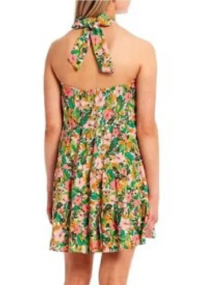 Copper key mini dress colorful floral tropical print halter neck open back linen - Image 4