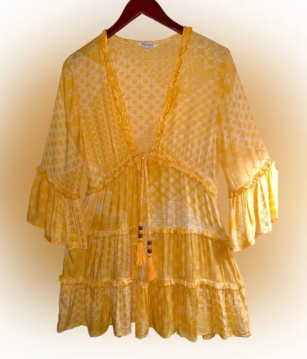 blue island Yellow Printed Boho Tie-Front Tunic - Image 2