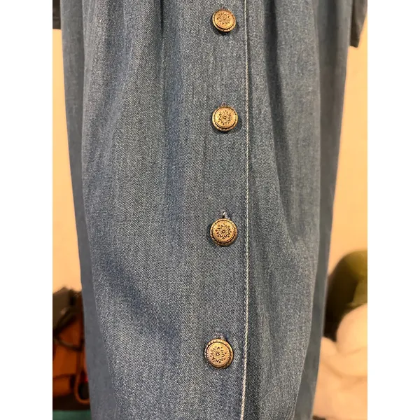 Vintage 90s Karin Stevens Denim Maxi Dress Velvet Collar Button Front 6P - Image 6