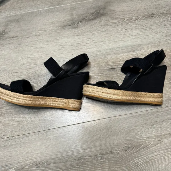 Tory Burch Black Canvas Espadrille Wedge Sandals Jute‎ Platform Heels Size 10.5 - Image 6