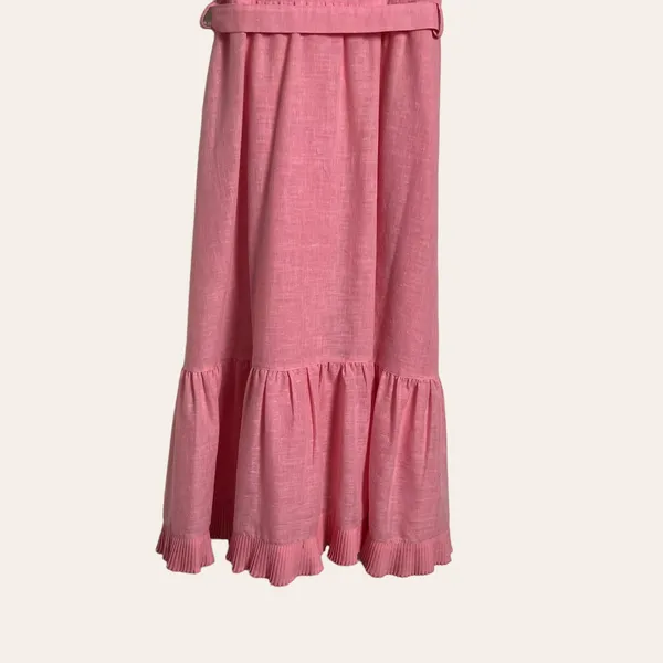Vintage Pink Lace Trim Ruffle Flounce Hem Belted Midi Dress S - Image 8