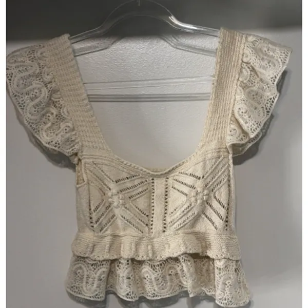 ZARA Women’s S Cream Crochet Knit Lace Ruffle Peplum Top Boho Romantic Festival - Image 6