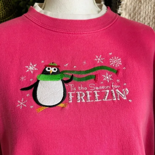 Vintage Christmas Winter Penguin Grannycore Double Crewneck Pink Sweatshirt - Image 2
