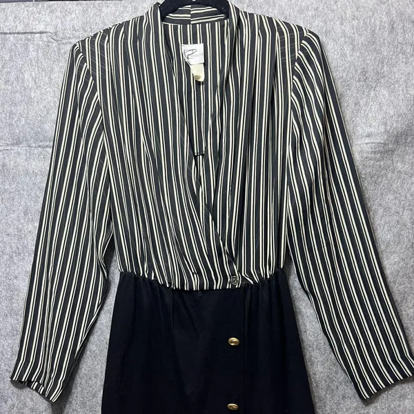 Popovitch Vintage Striped Sheer Top Midi Dress Black White‎ Gold Button Size 10 - Image 2