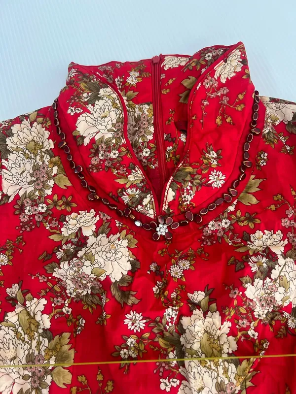 Tang Chao Red Floral Qipao Cheongsam Dress Cotton Mandarin Collar Size M - Image 12