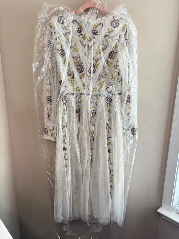 NWT MAC DUGGAL 9133 Hand-Beaded Floral Long-Sleeve Midi‎ Dress, Sz 2, IvoryMulti - Image 5