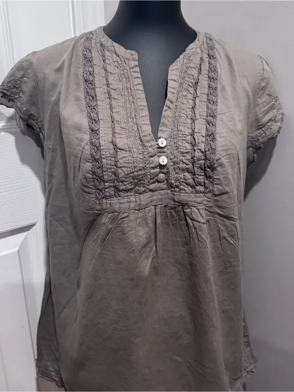 Converse One Star Khaki Cotton Lace Trim Peasant Blouse Top Large Boho Cottage - Image 2