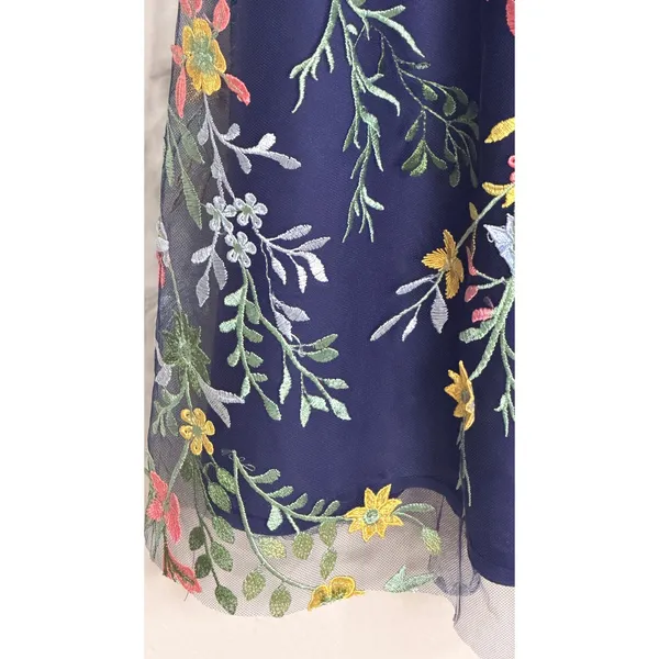 Floral Embroidered Mesh Midi Dress Sz 6 Bell Sleeve Cottagecore Navy - Image 9