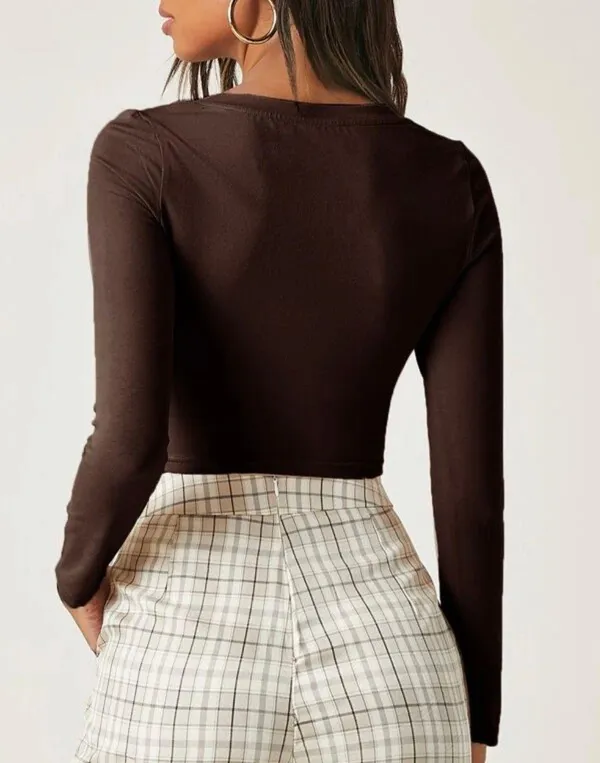 SheIn Basics Brown Long Sleeve Crop Top - Image 3
