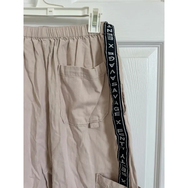 Savage X Fenty‎ Beige Cargo Pants Size S Elastic Waist Logo Tape Casual Lounge - Image 9